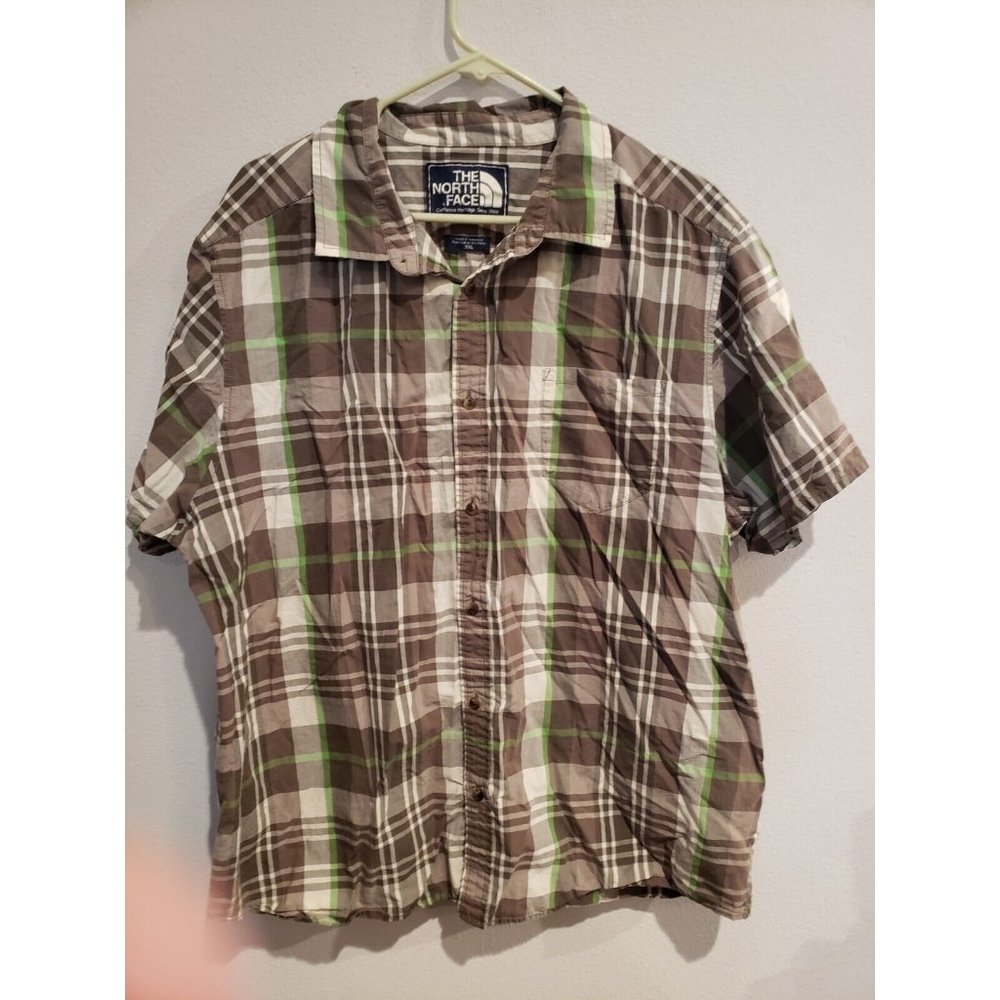 Men's XXL The North Face button down short sleeve shirt: Green & Gray plaid